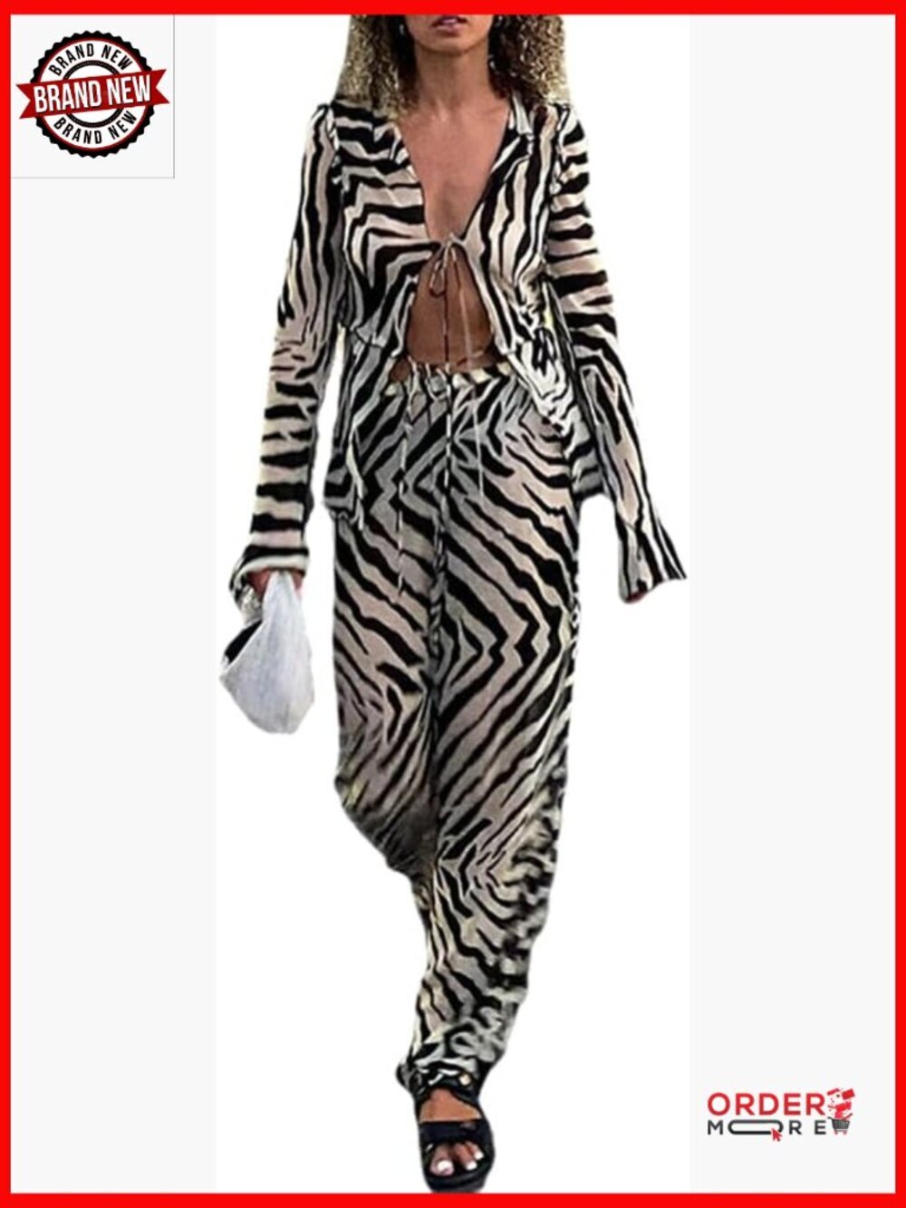 Zebra Print 2 Piece Set Long Sleeve Tops Wide Leg Pants Clubwear